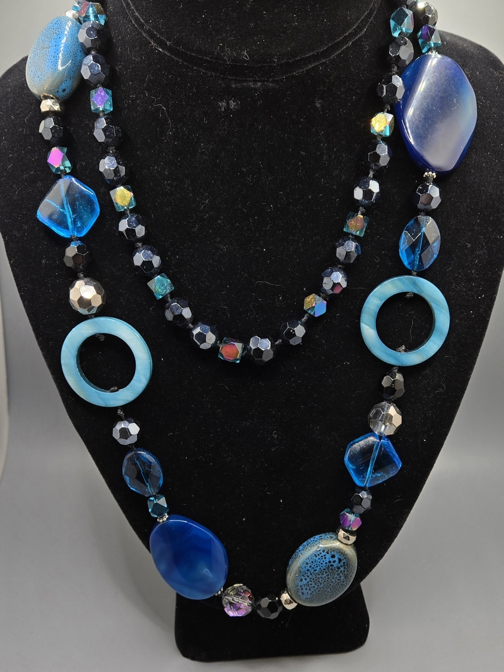Blue Multi-Bead Statement Necklace Glass Shell & Ceramic 40" Long